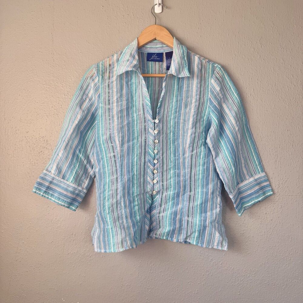 Jh Collectibles Shirt Up Bottom 3/4 Sleeves Women’s Size M Striped Cheer Blue